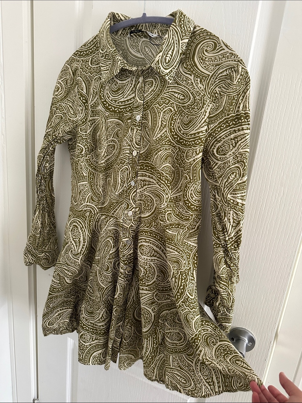 Zara Olive and Cream Paisley Button-Up Dress